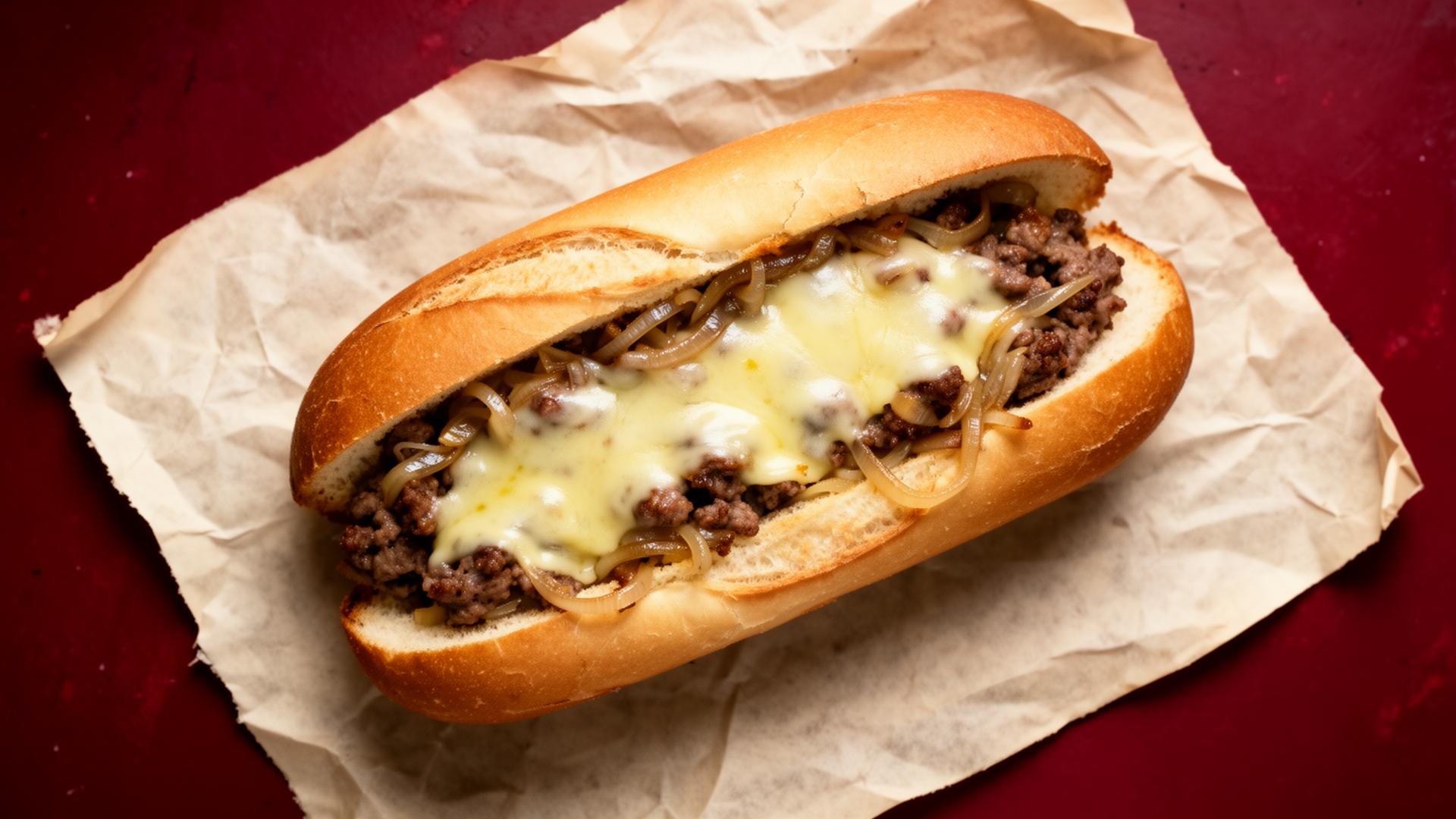 Cheesesteak hoagie on parchment paper with melted cheese and onions